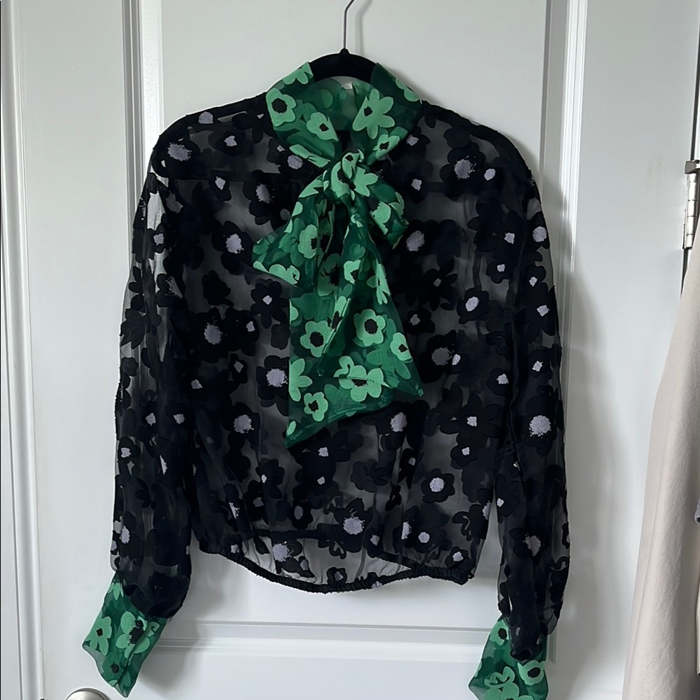 Zara Black and Green Sheer Tie Front Blouse